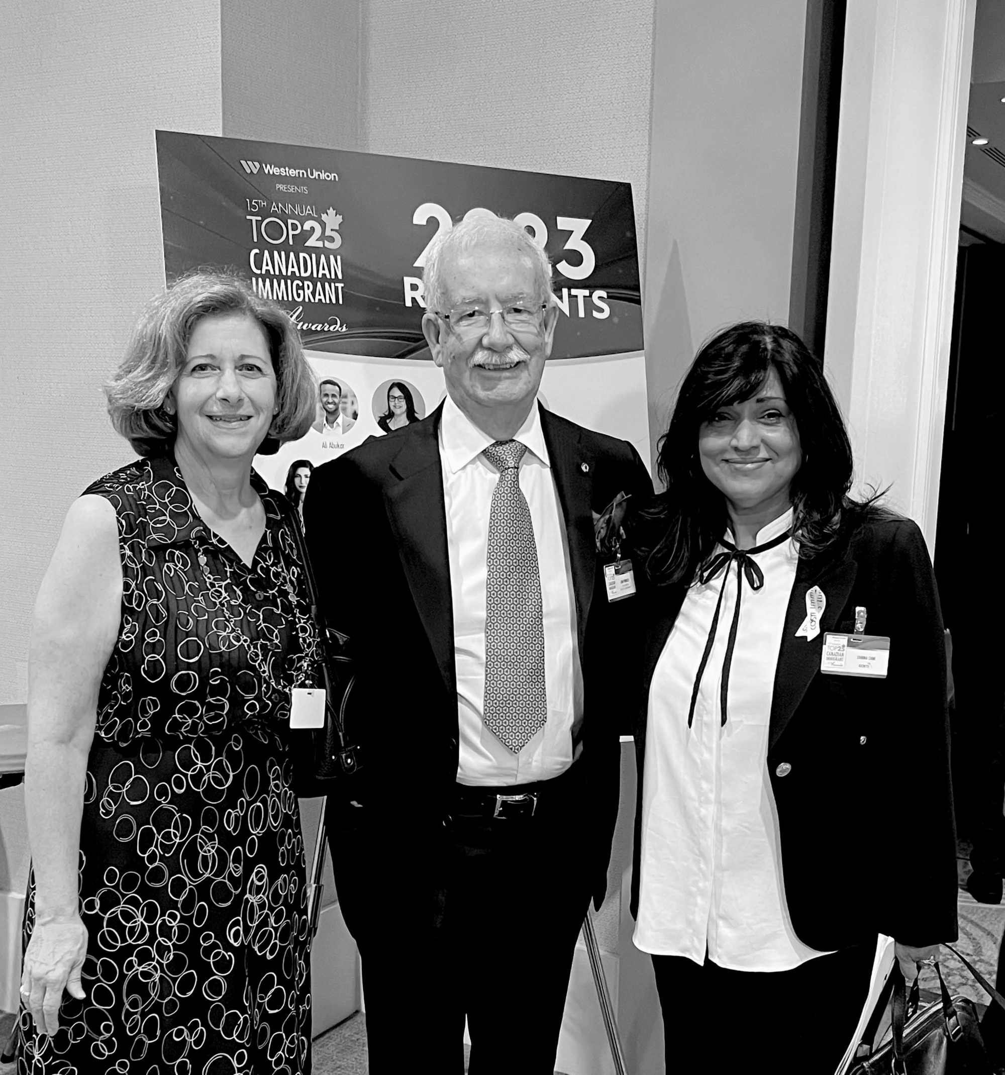 Pina Alberelli-Arone (President of the Board), Sam Primucci (Entrepreneur of the Year award recipient at Top 25 Canadian Immigrant Award 2023) and Samina Sami (CEO) standing side by side, posing for the camera at the award function